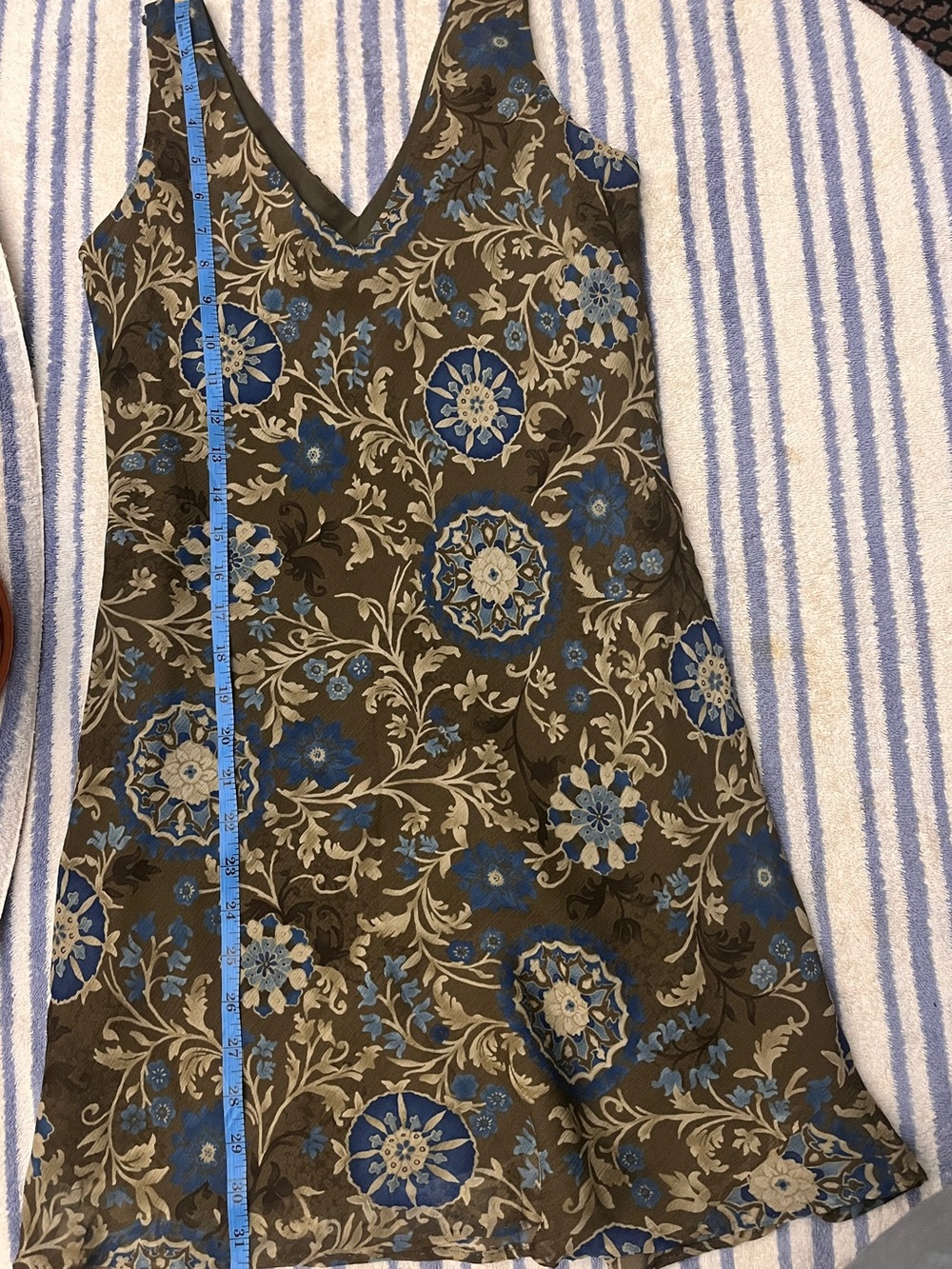 Jones New York Olive Green Floral Mini Dress with Blue and Cream Accents